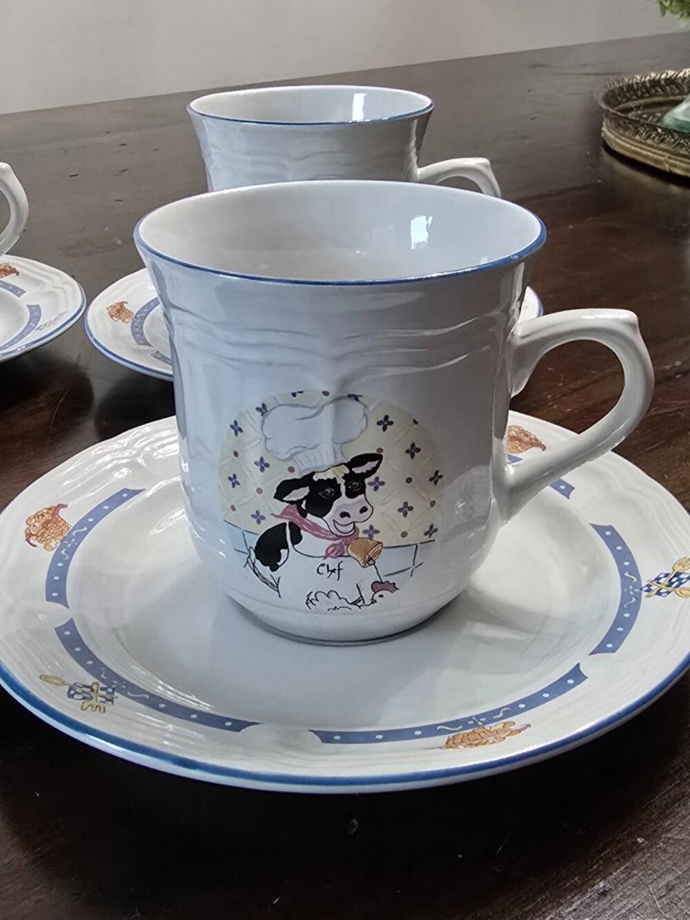 Vintage 1994 Newcor Kitchen Kow Stoneware Tea Cup & Saucer - Set of 4 - Chef Cow